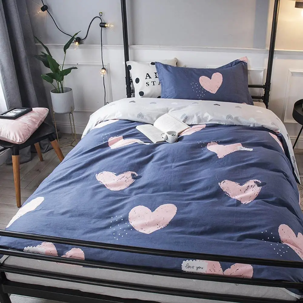 

2019 Dark Blue Pink Hearts Dormitory 3pcs Bedding Set Twin Hypoallergenic Cotton Bedlinens Duvet Cover Set Single Bed