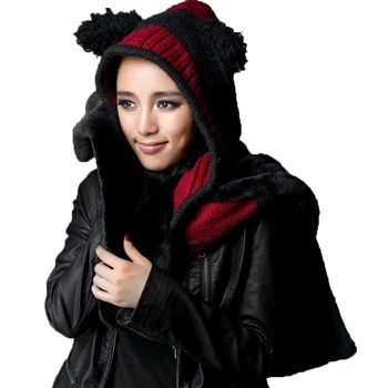 

Lolita Women Scarf Black Red Striped Fashion Scarf With Hoodie Cute Shawl With Hat