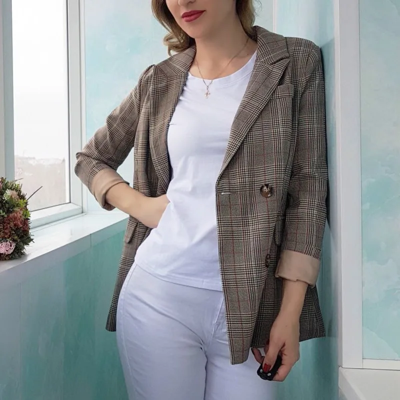 astounding  Plaid Women Vintage Bouble Breasted Spring Pockets Jackets Female Retro Suits Coat Work Feminino Ou