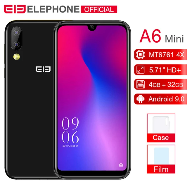Elephone A6 Mini 5,71 ''водослива Экран мобильного телефона Android 9,0 MT6761 4 ядра HD + 4 GB 32 ГБ/64 ГБ 16MP 4G LTE смартфон