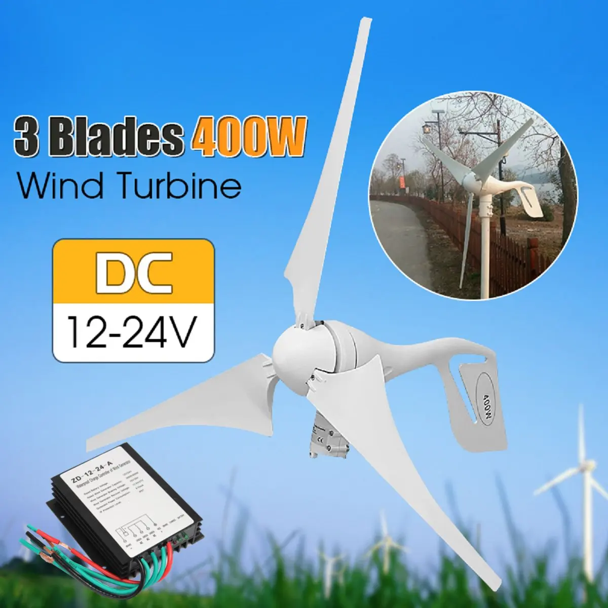 

400W Wind-Turbine Generator DC 12V/24V 3 Blade with Charge Controller Waterproof White