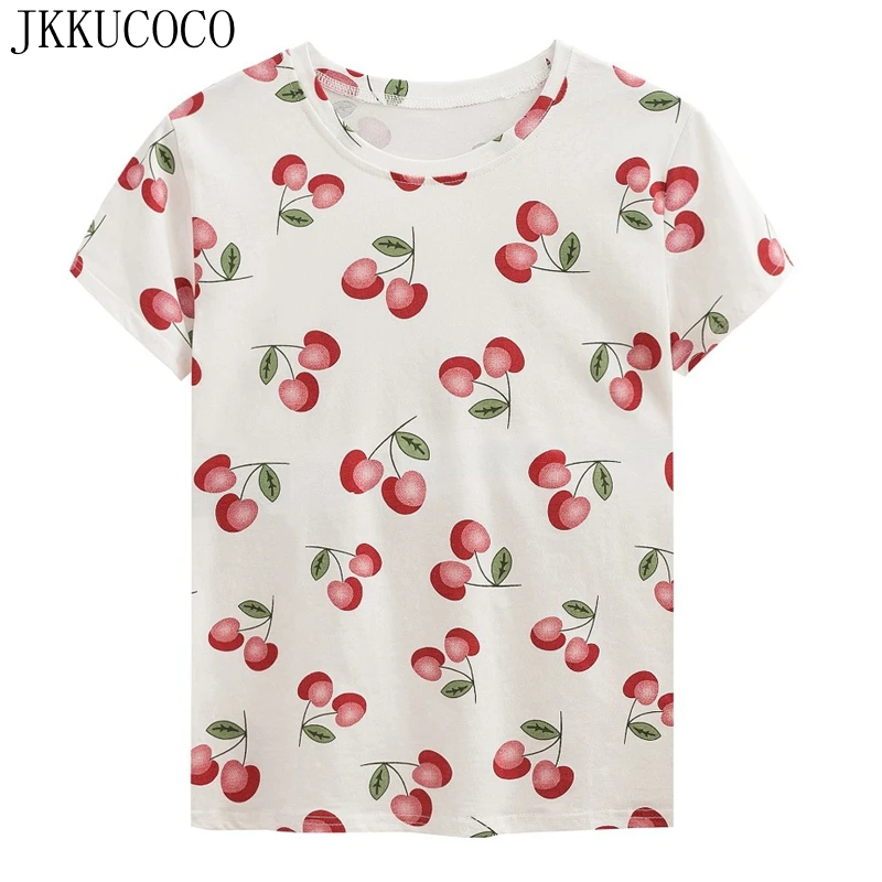 JKKUCOCO Tops Hot Tees Cherry Print tee Cotton t shirt...
