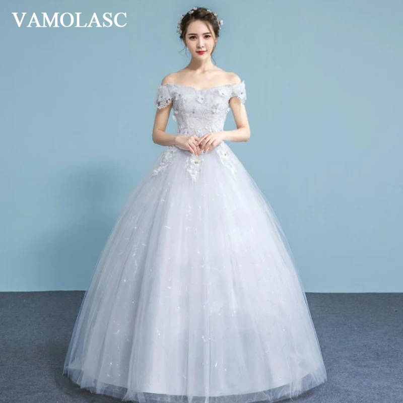 

VAMOLASC Off The Shoulder Lace Flowers Appliques Ball Gown Wedding Dresses Crystal Boat Neck Backless Bridal Gowns