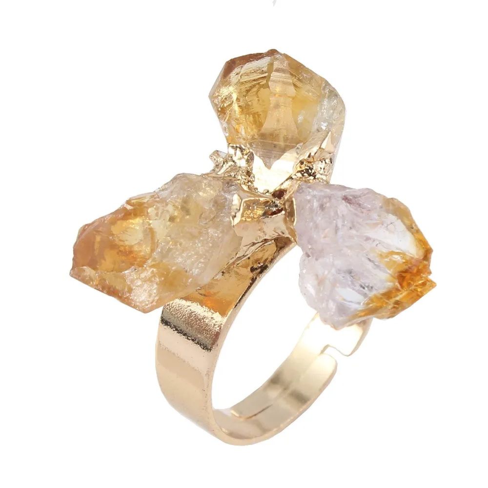 

Kraft-beads Light Yellow Gold Color Resizable Three Irregular Shape Natural Citrines Crystal Wedding Rings For Female Gifts