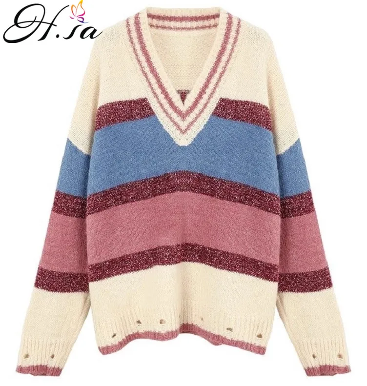 

HSA Women Sweater and Pullovers 2018 Knitted V neck Sweater Jumpers Harajuku Rainbow Striped Pullover FemmeOversize Chic Sweater