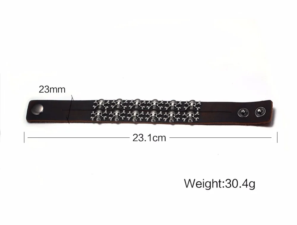 Mens Womens Punk Leather Bracelets 2 Row Skull Head Crossbone Heavily Metal Style Wristband Cuff Bracelet Men Hiphop Adjustable Jewelry 11
