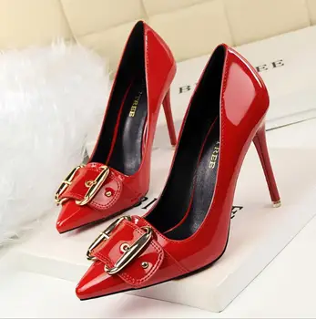 

Korean version of the simple sexy slim stiletto high heel shallow mouth pointed patent leather metal belt buckle women's shoes