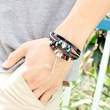 Unisex Vintage Indian Multilayer Braid Wooden Bead Feather Faux Leather Bracelet