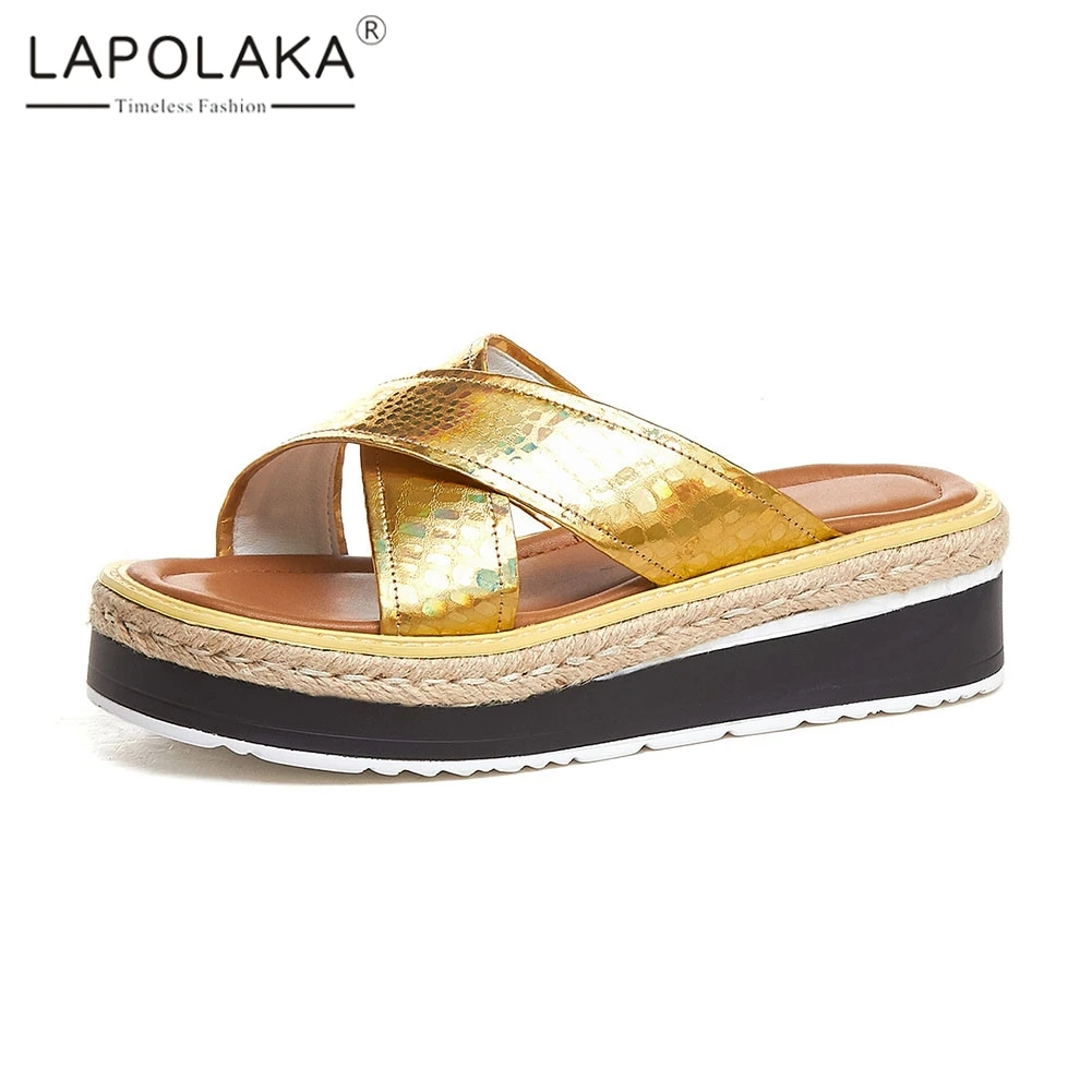 

Lapolaka Brand New Fashion women's Genuine Leather Ladies Wedges Heels Platform Shoes Woman Casual Outside Summer Slippers