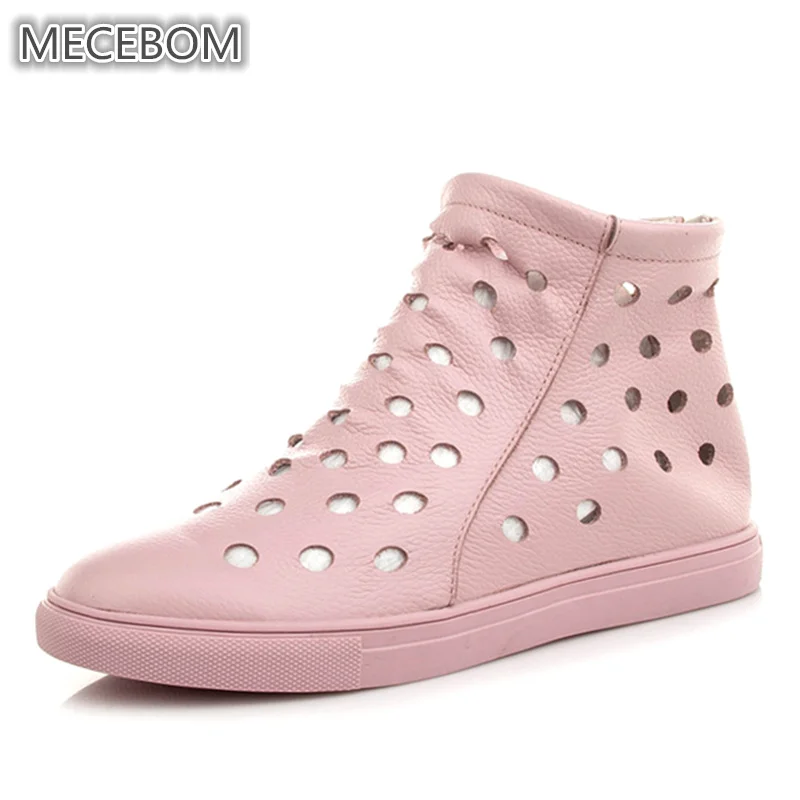 

New Women's Pink Boots Hollow holes Breathable Genuine Leather Shoes for Lady Ankle Boots botas sapato feminino size 35-40 1009w