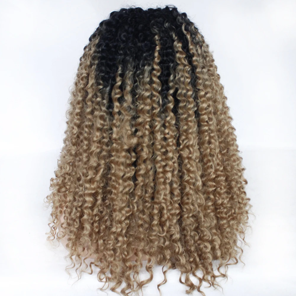 Афро кудрявый парик химическое Синтетические волосы на кружеве Ombre Мёд блондинка парик бесклеевого бесплатная часть 1B/27 жаропрочных