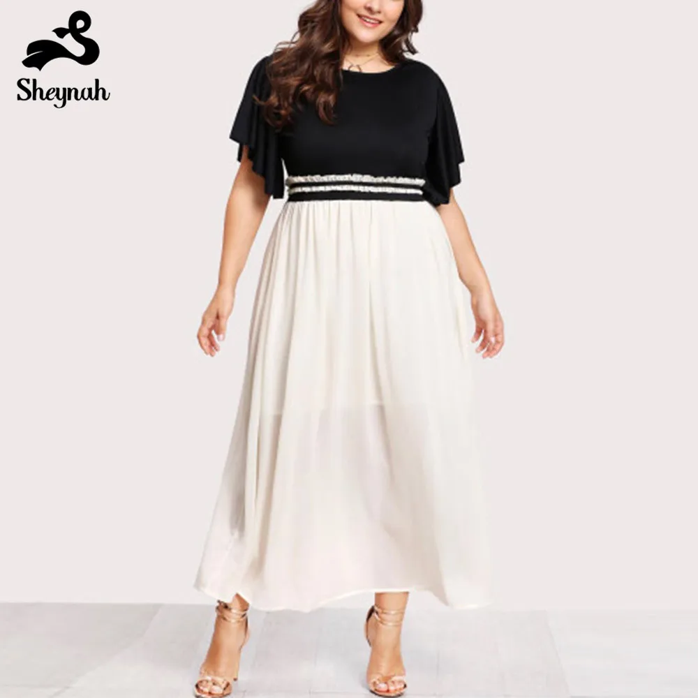 

Big Size Chiffon Dress Woman Plus Size Patchwork Contract Color Clothing Summer Elegant O-Neck Petal Sleeve Retro Maxi Dresses