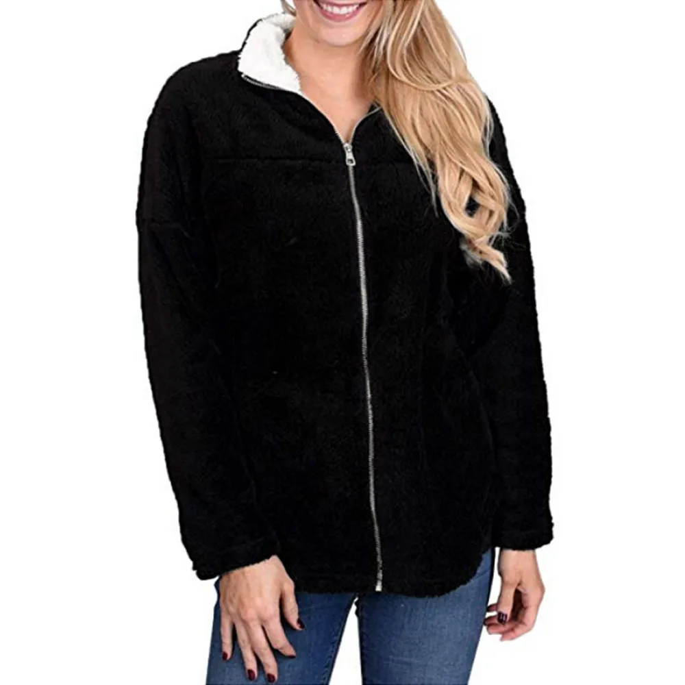 

Women Warm Fluffy Winter Solid Lapel Zip up Open Front Solid Jacket Coat