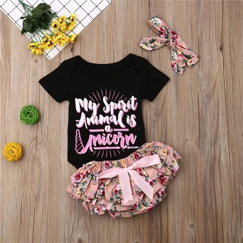 

2019 Summer Newborn Baby Girl Clothes Set Lettter Cotton Tops Bodysuit Floral Shorts Headband Clothing Costume 3PCS Outfit