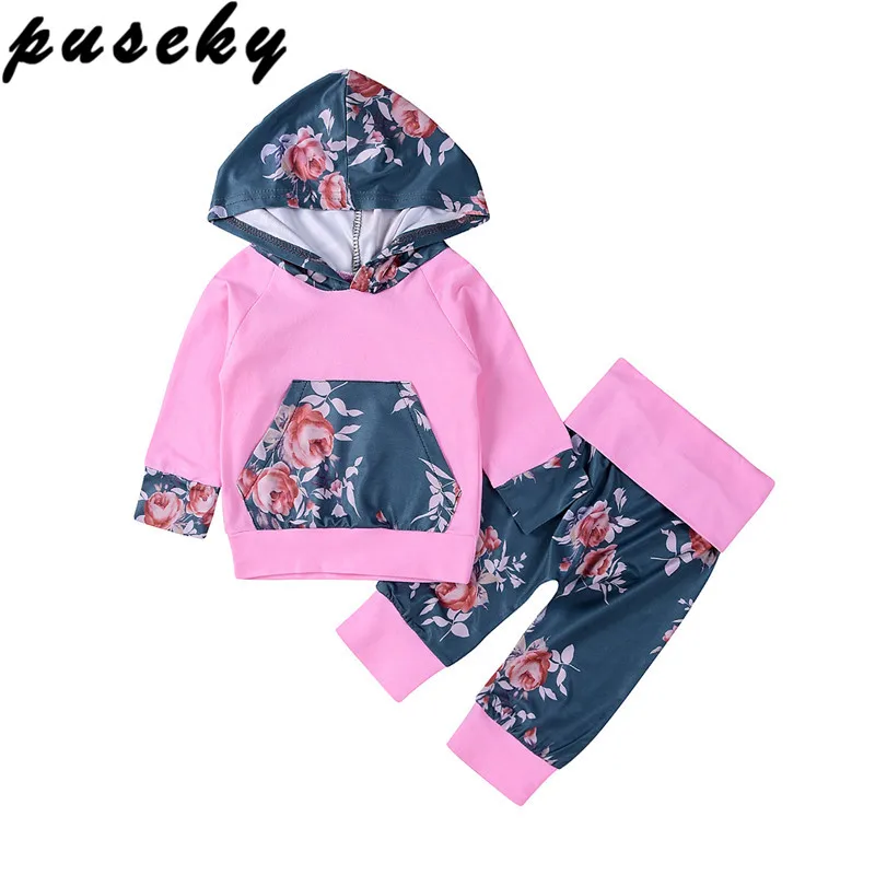 Puseky/комплект одежды с цветочным рисунком для новорожденных девочек, топ с длинными рукавами и капюшоном + штаны с цветочным принтом