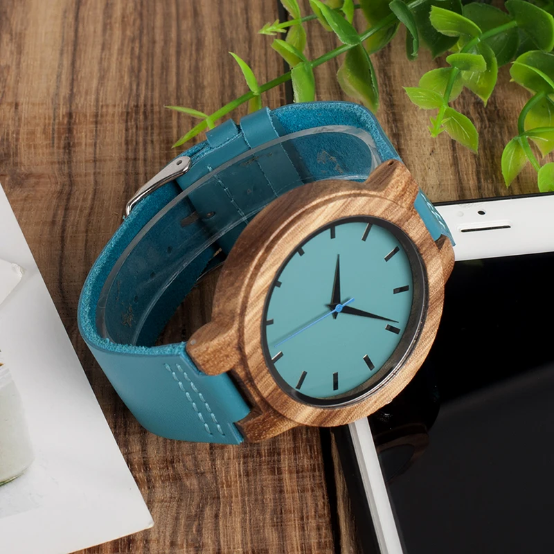 BOBO BIRD Men Zebra Wood Watches relojes hombre Quartz Wristwatches Male Leather Strap in Gifts Drop ship Turquoise blue
