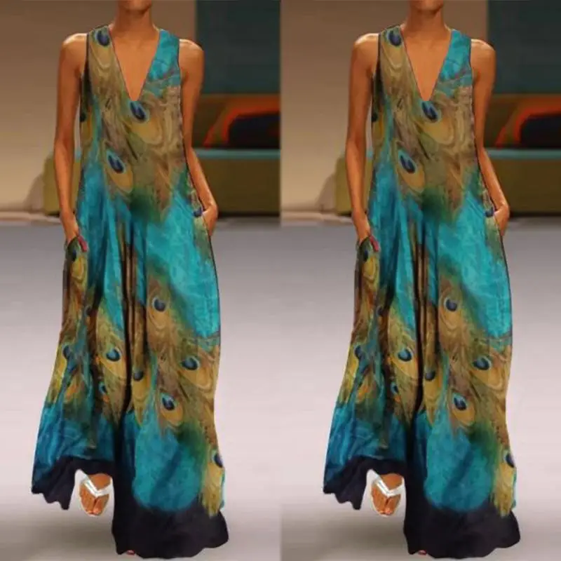 

2019 ZANZEA Summer Bohemian Sundress Women V neck Peacock Feather Printed Vestidos Sleeveless Long Dress Sarafans Robe Femme 5XL