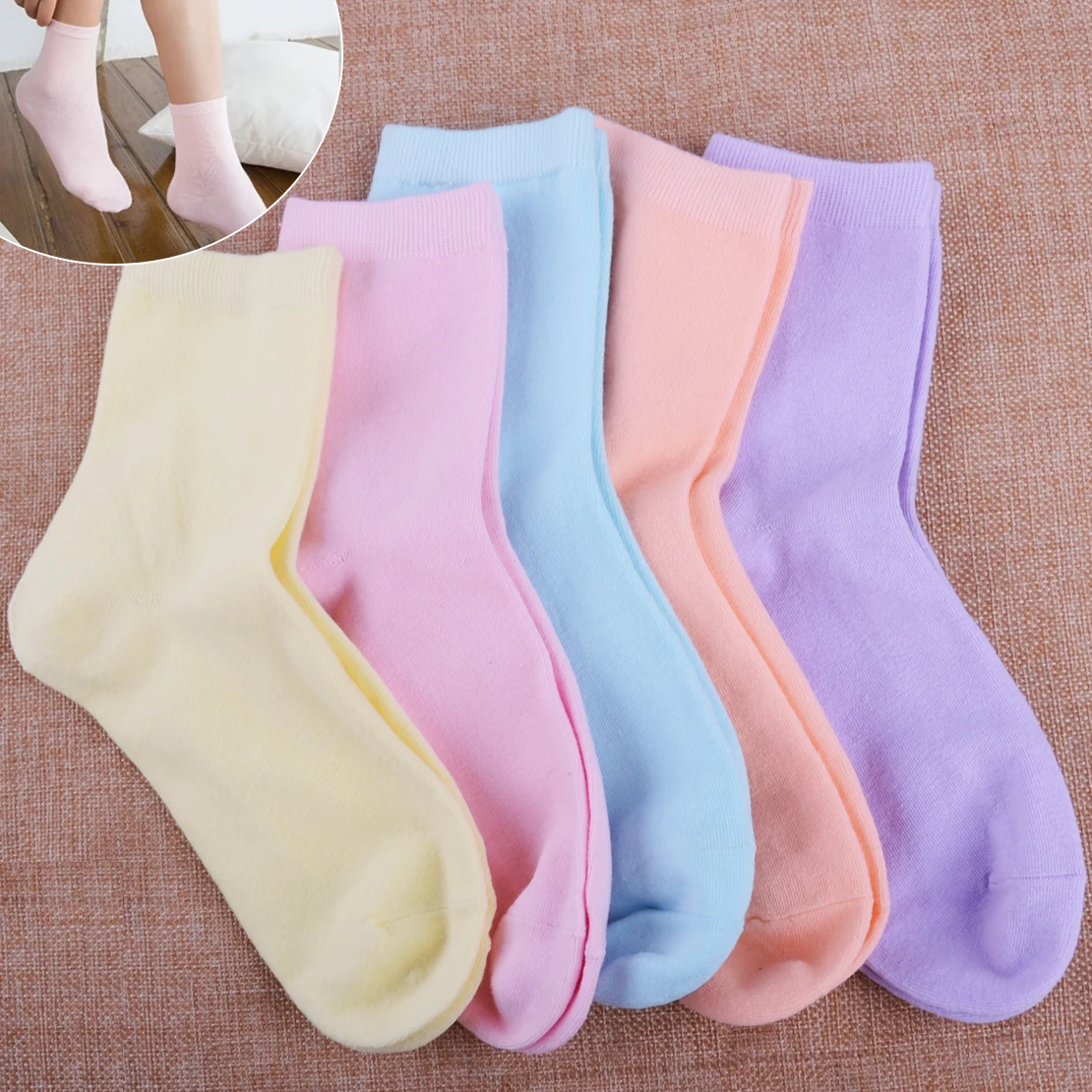 5 Pairs Women Lady Girl Cotton Socks Solid Candy Color Cute Comfort