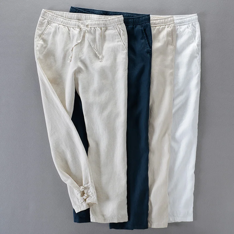Spanish and Brazil style pure linen long pants men loose casual