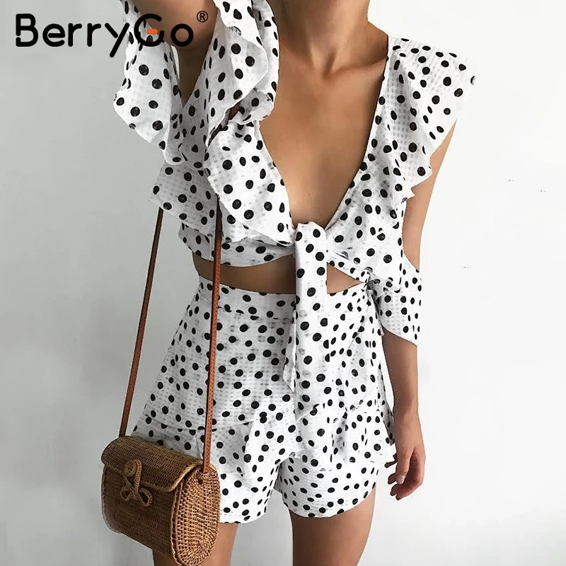 BerryGo Sweet dot ruffle two piece jumpsuit women Cross lace up romper women jumpsuit 2018 Sexy