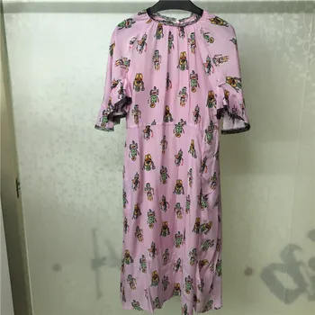 

Printed Dresses Elegant Women Pink Silk Dresses 2019 Summer Short Sleeve Ladies Dress Casual