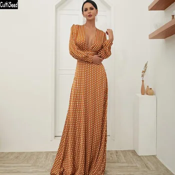 

Cultiseed Women Sexy Deep V neck Party Dress Female European Vintage Elegant Dot Print Long Dress Ladies Fashion Bohemia Dresses