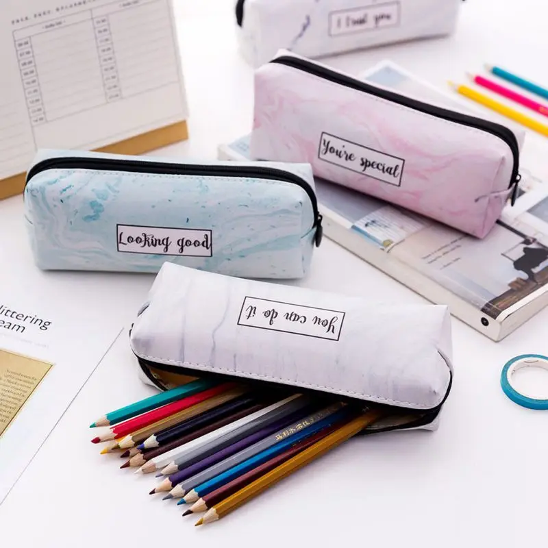 Folding Marble Pencil Cases Cute School Pencil For Girls Child Kawaii Leather Large Pen Bag