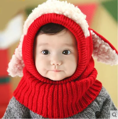 Kawaii, детские шапки, зимняя шапка для мальчиков и девочек, шапка с капюшоном, шарф, детские шапки, теплая вязаная шапка с рисунком собаки, шарф, комплект для мальчиков и девочек - Цвет: Red