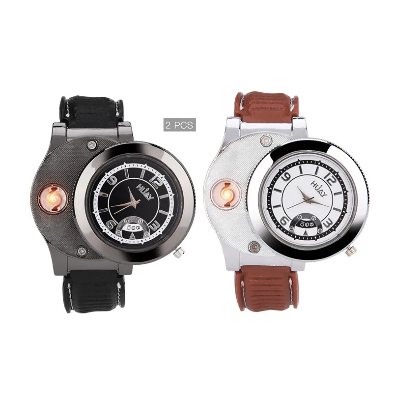 

2Pcs USB Charging Cigarette Wristwatches Windproof Flamless Lighter Men's Quartz Sports ClockCasual Watch relogio Masculino 45