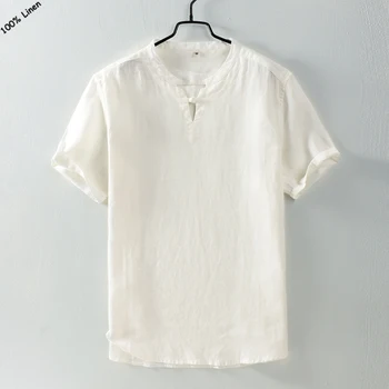 

2018 Chinese style 100% linen mens short sleeve stand-collar shirts casual solid color mens shirts fashion mens loose tops M-3XL