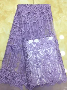 

2019 Lace Embroidery Fabric, Latest Nigerian Lace Fabrics purple beads Sequins Luxury Lace Fabric Lilac lace For Wedding Dresses
