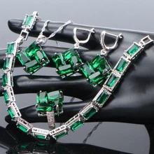 925 пробы, серебряные свадебные ювелирные наборы, зеленый циркон, серьги для женщин, свадебные ювелирные кольца, браслет, ожерелье, набор, подарочная коробка