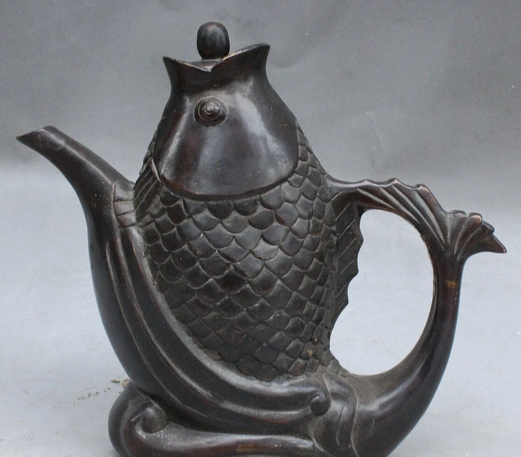 

9" Old China Bronze Auspicious Wealth Fish Carp Shaped Wine Pot Teapot Flagon