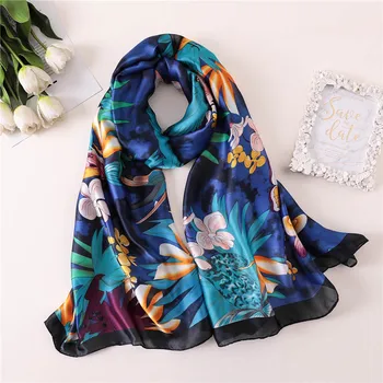 

2019 new fashion satin silk scarf for women long soft floral print shawls foulard femme summer beach shawl wraps hijab scarf