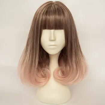 Lolita 40CM Short Ombre Wavy Brown Mixed Pink Bang Heat Resistant Cosplay Wig
