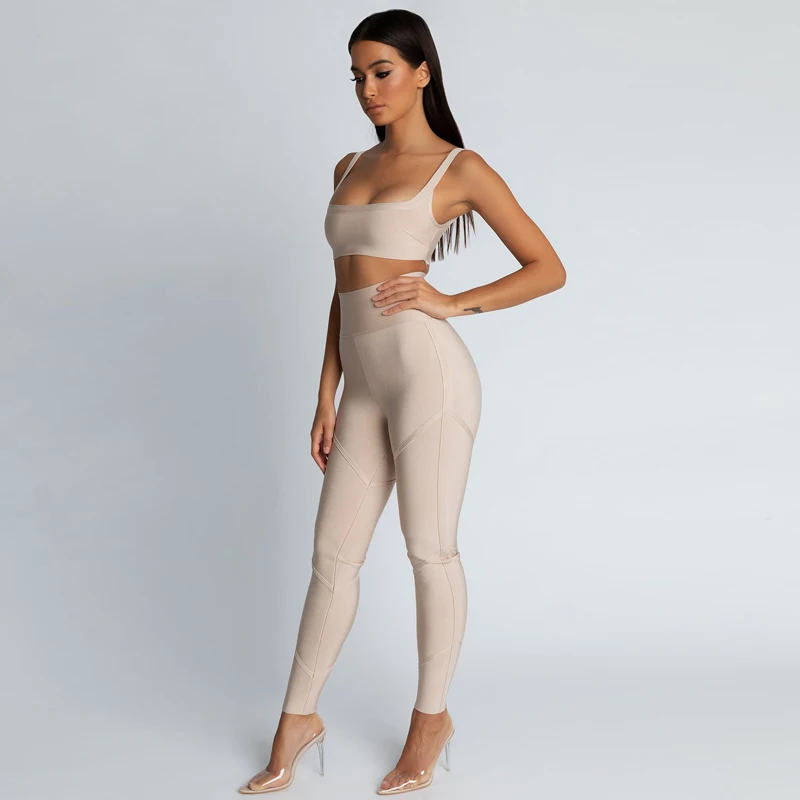 2019 New Pink Khaki Bodycon Bandage Jumpsuit Sleeveless Summer Party Two Piece Set Jumpsuits Outfit Casual Clothing Dropshipping