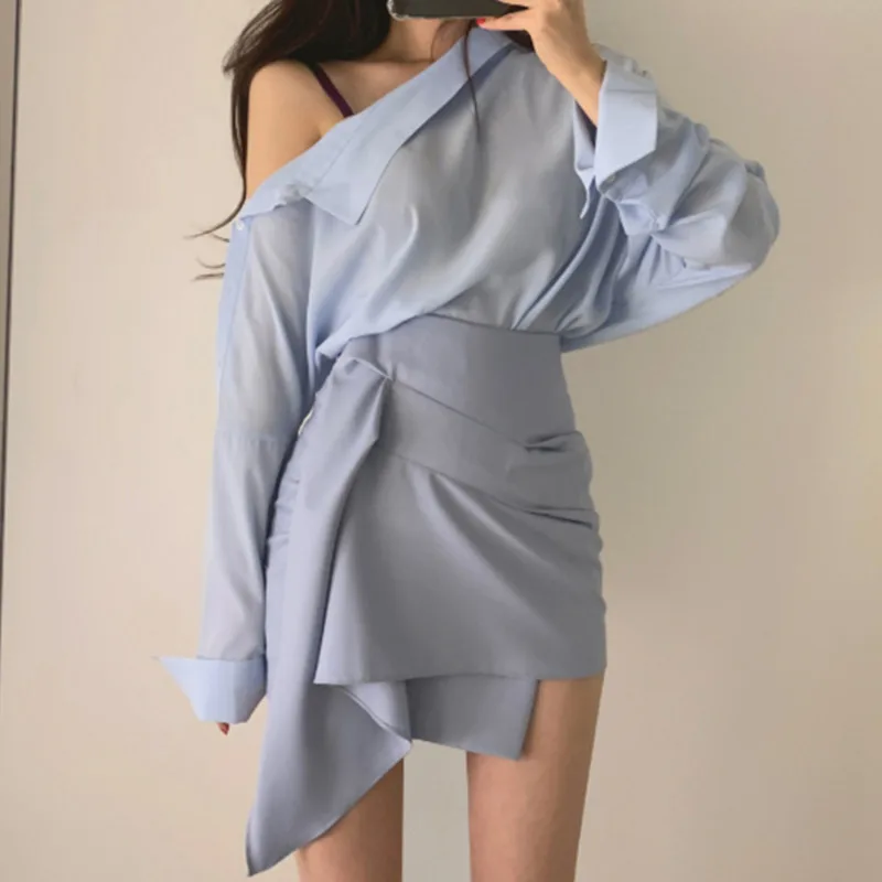 

[EWQ] Solid Color Off-shoulder Shirt Irregular Package Hip Women Skirt Casual Fashion Loose Plus Woman 2019 Autumn New TC1068