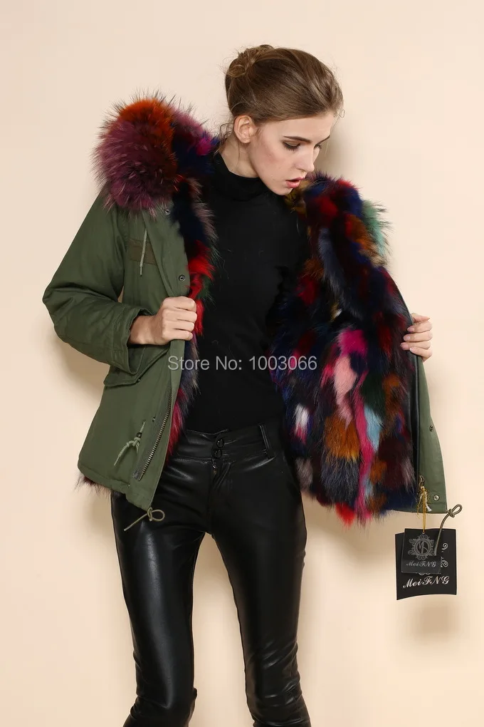 Новейший дизайн, смешанный цвет, внутренняя холодная, Роскошные итальянские женские зимние пальто из искусственного меха, разноцветная отделка лисьим мехом