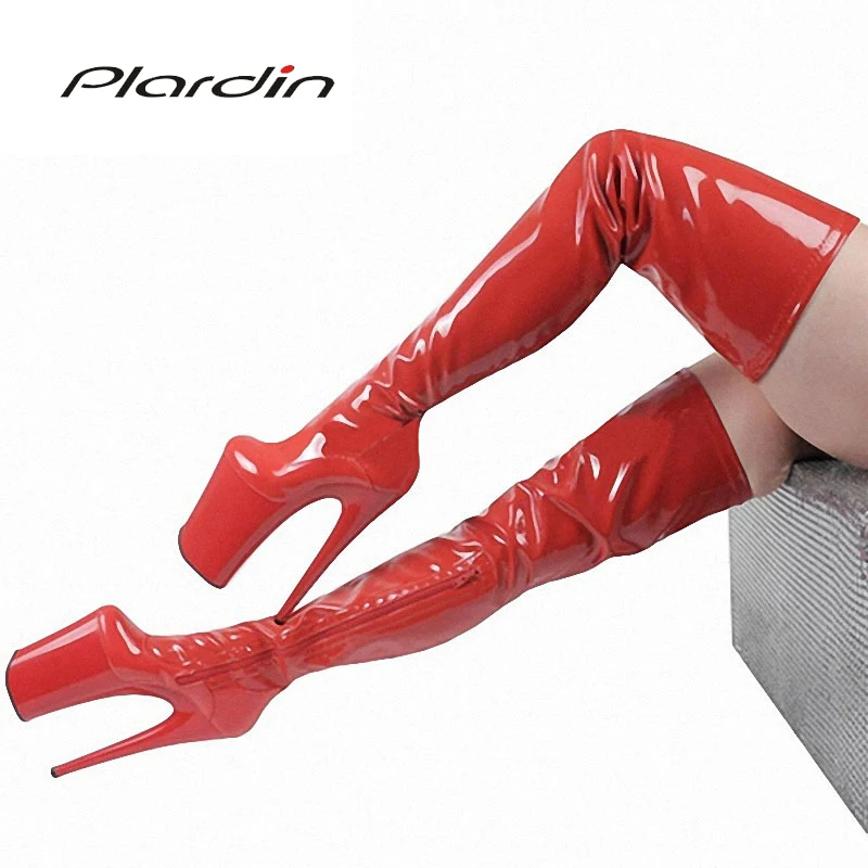 

Plardin Plus Size 35-46 PU Sexy Concise Fashion 20CM High Heels 10CM Platform Lacquer knee-high Nightclub Dance Party Boots