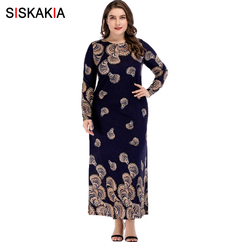 

Siskakia Vintage chic print maxi long dress Spring Autumn 2019 Women slim plus size knee length dresses round neck long sleeve