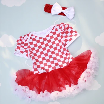 

2PCs per Set Infant Lace Romper White Ruffle Trim Plaid Baby Girls Tutu Dress Headband for 0-12months Free Shipping