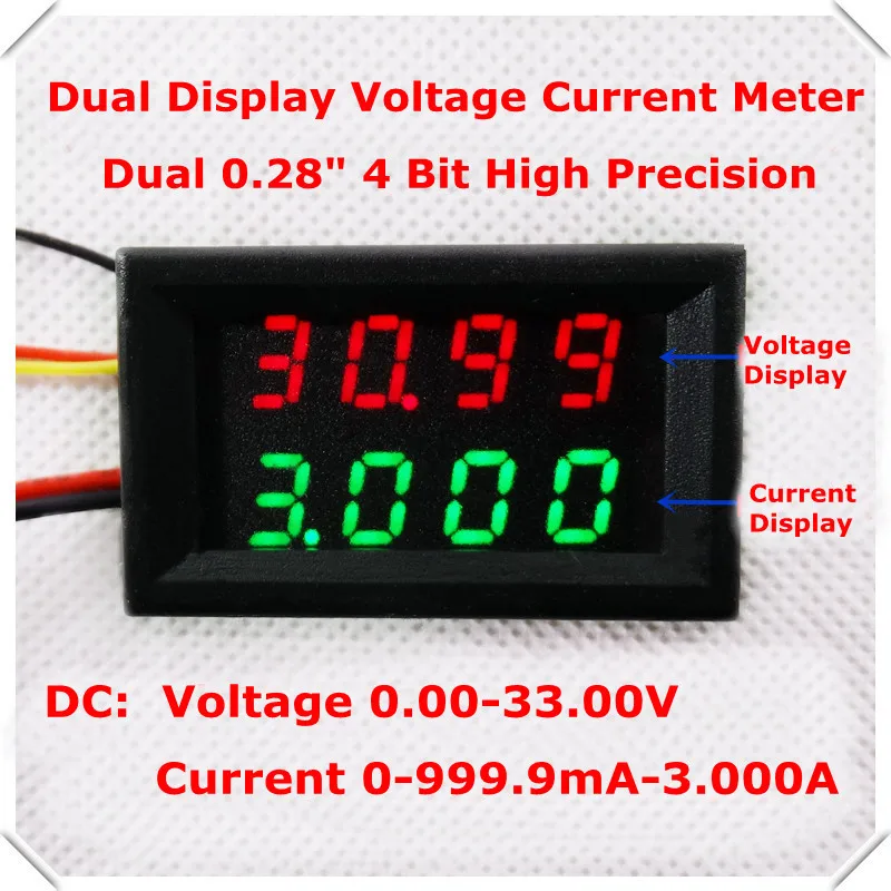 

RD Dual LED Display 4 bit 0.28 Digital Ammeter Voltmeter Car voltage current meter DC 0-33.0V/1A/3A 5 wire [4pcs/lot]