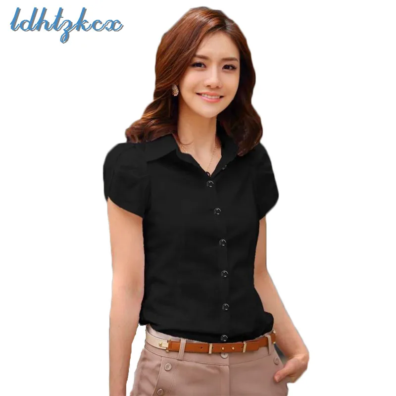 

Office Lady Shirt Plus Size Black Shirts 2018 Summer Korean New Blouses Short Sleeve Single Breasted Slim Shirts Feminina LD306