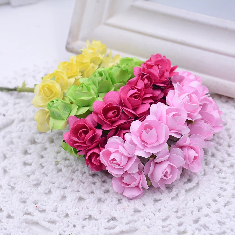

144Pcs/Bag Mini Paper Rose Artificial Flowers Bouquet For Wedding Craft Decoration DIY Wreath Box Accessories Garland Supplies