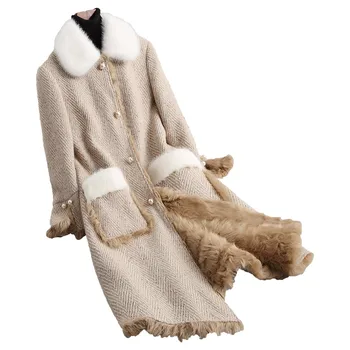 

New Fashion Luxury Natural Lamb Fur Liner Wool Tweed Coat Warm Winter Jacket Women Long Real Mink Fur Collar Coats Z328