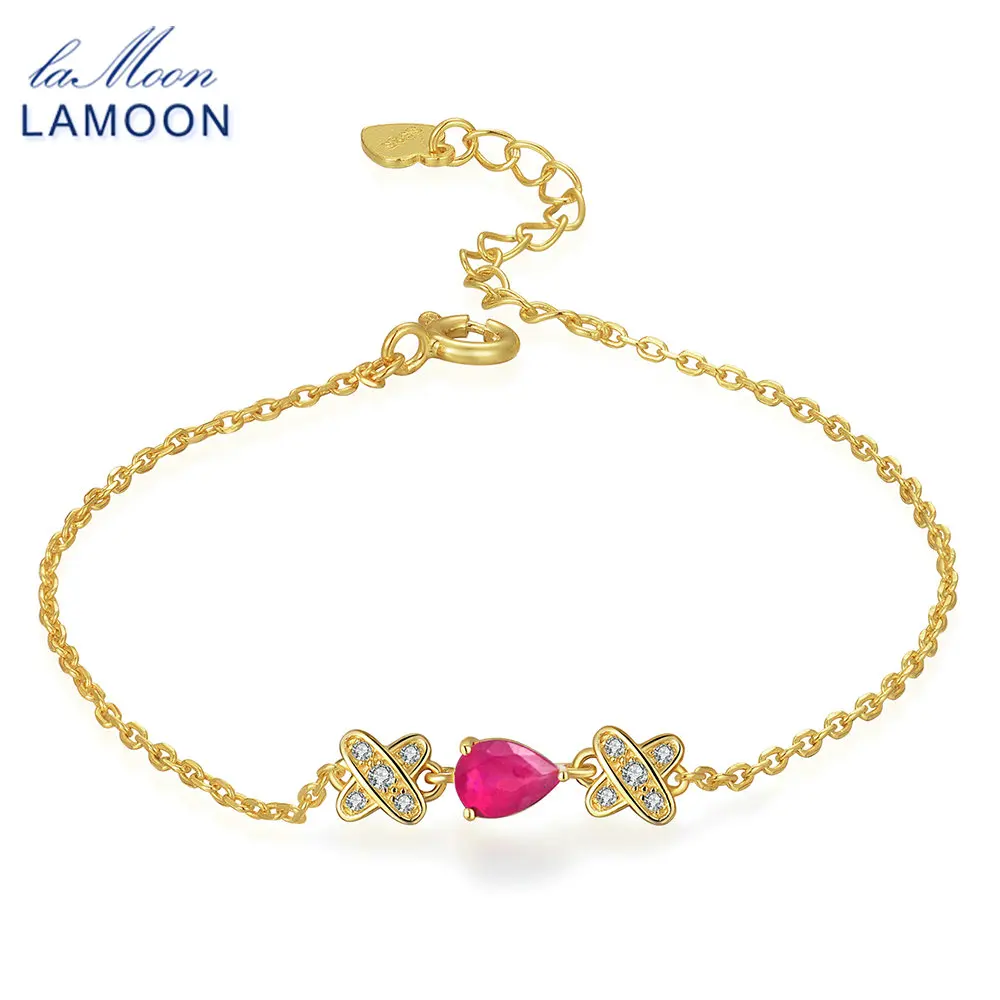 

LAMOON Teardrop 5x7mm 2.1ct 100% Red Ruby 925 sterling-silver-jewelry S925 Charm Bracelet LMHI037