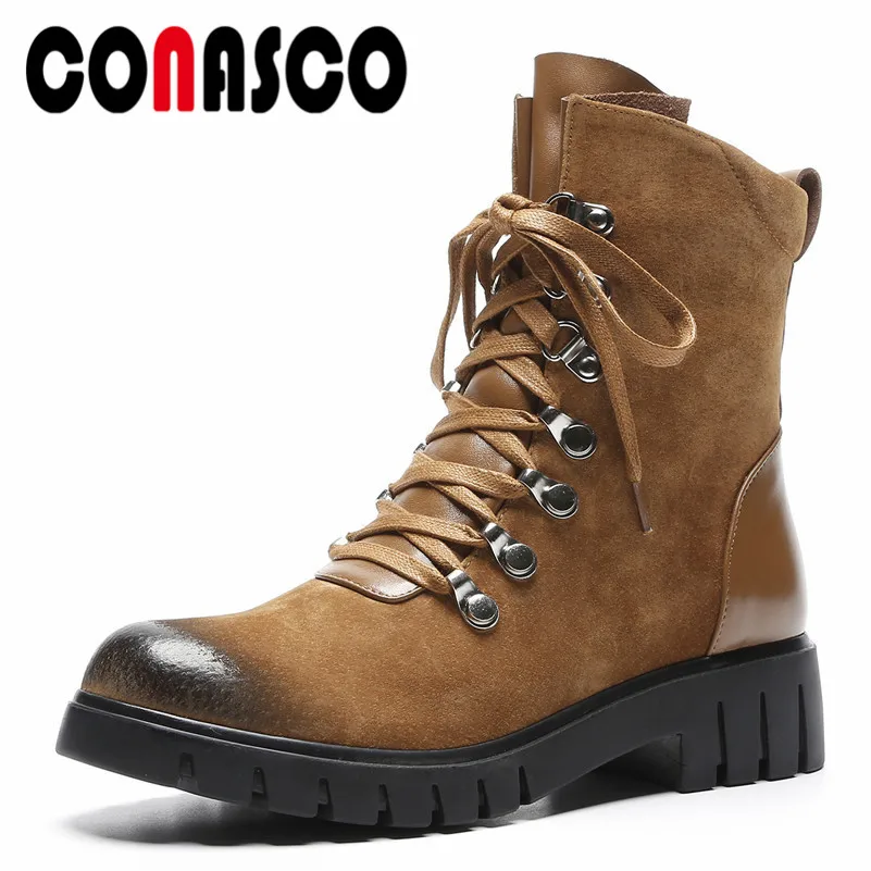 

CONASCO Punk Women Rivets Martin Shoes Woman High Heels Short Motorcycle Boots Round Toe Quality Warm Snow Boots Punk Party Shoe