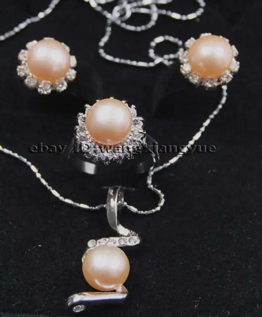 

hot Fast shipping +9-9.5MM Pink Akoya Cultured Pearl ring earrings Necklace Pendant Set AAA (A0516)