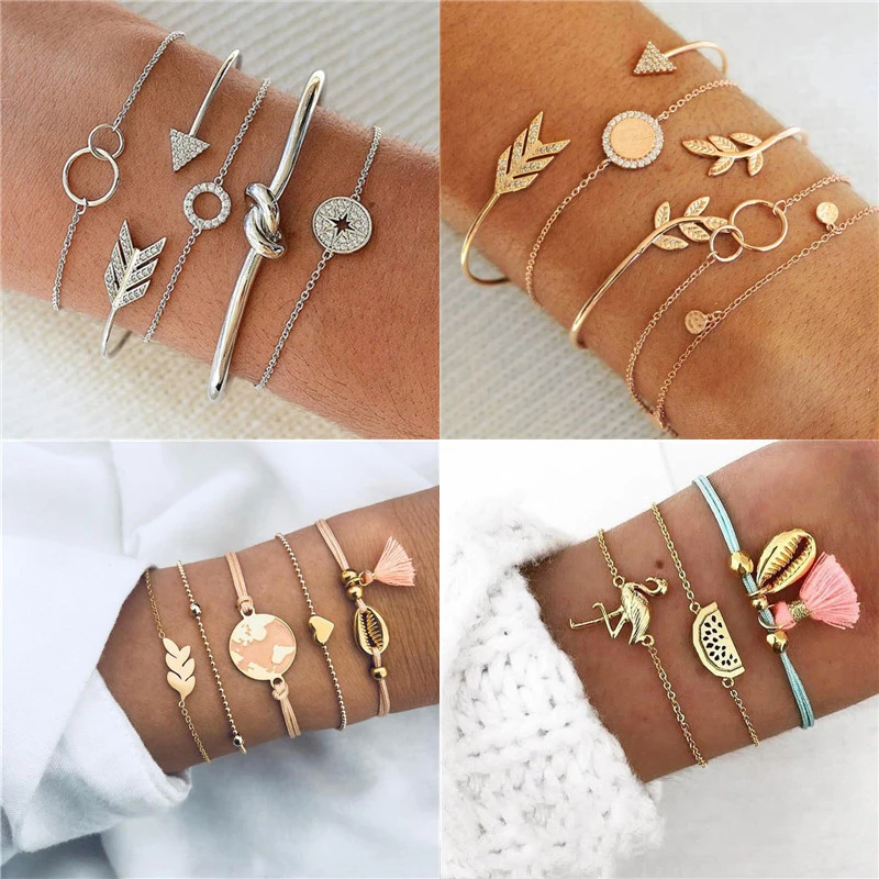 

Modyle 2019 New 5pcs/set Bohemia Gold Color CZ Stone Bracelet Set Fashion Leaf and Arrow Bracelet for Woman