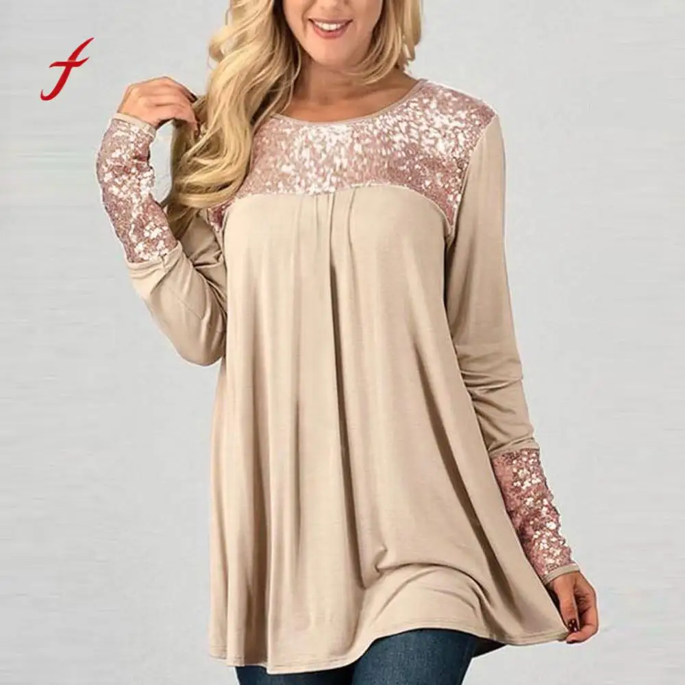 

Sequins Plus Size Splice Patchwork Womens Tops Casual Loose Pullover Shirt Fashion Female Spring Full Sleeve O-Neck Clothes